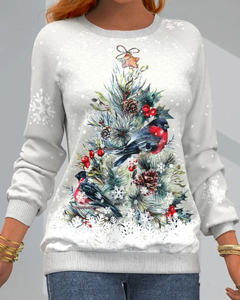 Langärmeliges Sweatshirt mit Weihnachtsbaummuster und Vogel- und Schneeflockenaufdruck