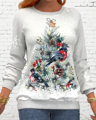 Langärmeliges Sweatshirt mit Weihnachtsbaummuster und Vogel- und Schneeflockenaufdruck