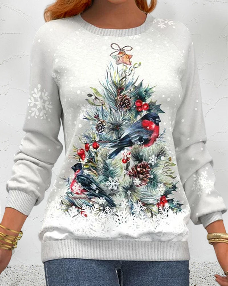 Langärmeliges Sweatshirt mit Weihnachtsbaummuster und Vogel- und Schneeflockenaufdruck