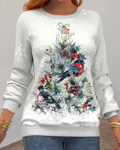 Langärmeliges Sweatshirt mit Weihnachtsbaummuster und Vogel- und Schneeflockenaufdruck