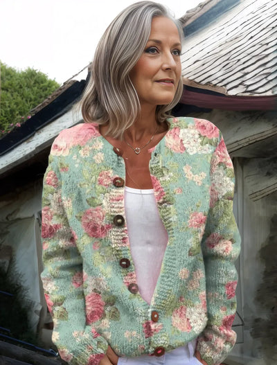 Grüne kragenlose langärmelige Strickjacke mit Blumenmuster