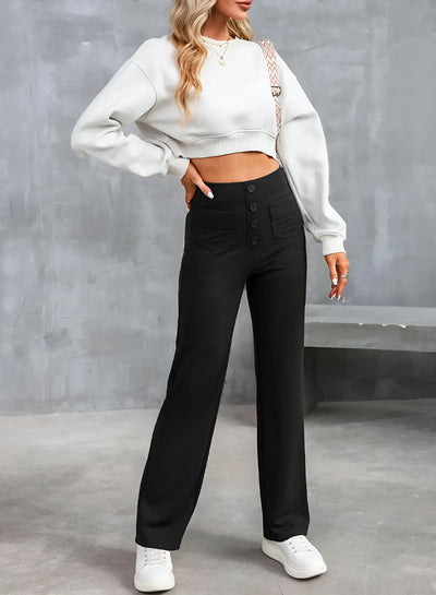 Greta Pants – hoch taillierte elastische Hose mit weitem Bein-Eleganz