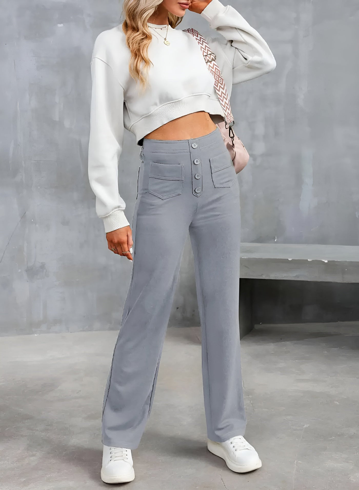 Greta Pants – hoch taillierte elastische Hose mit weitem Bein-Eleganz