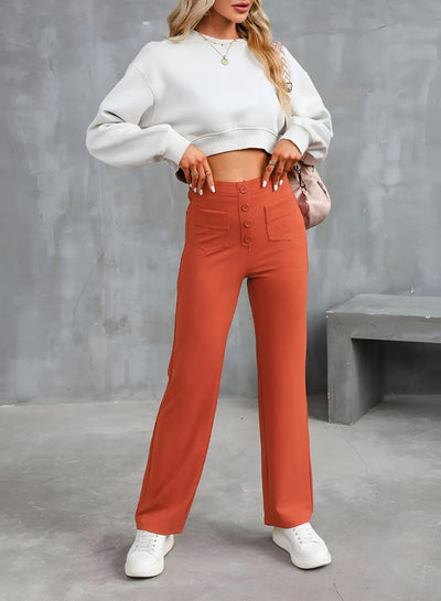 Greta Pants – hoch taillierte elastische Hose mit weitem Bein-Eleganz